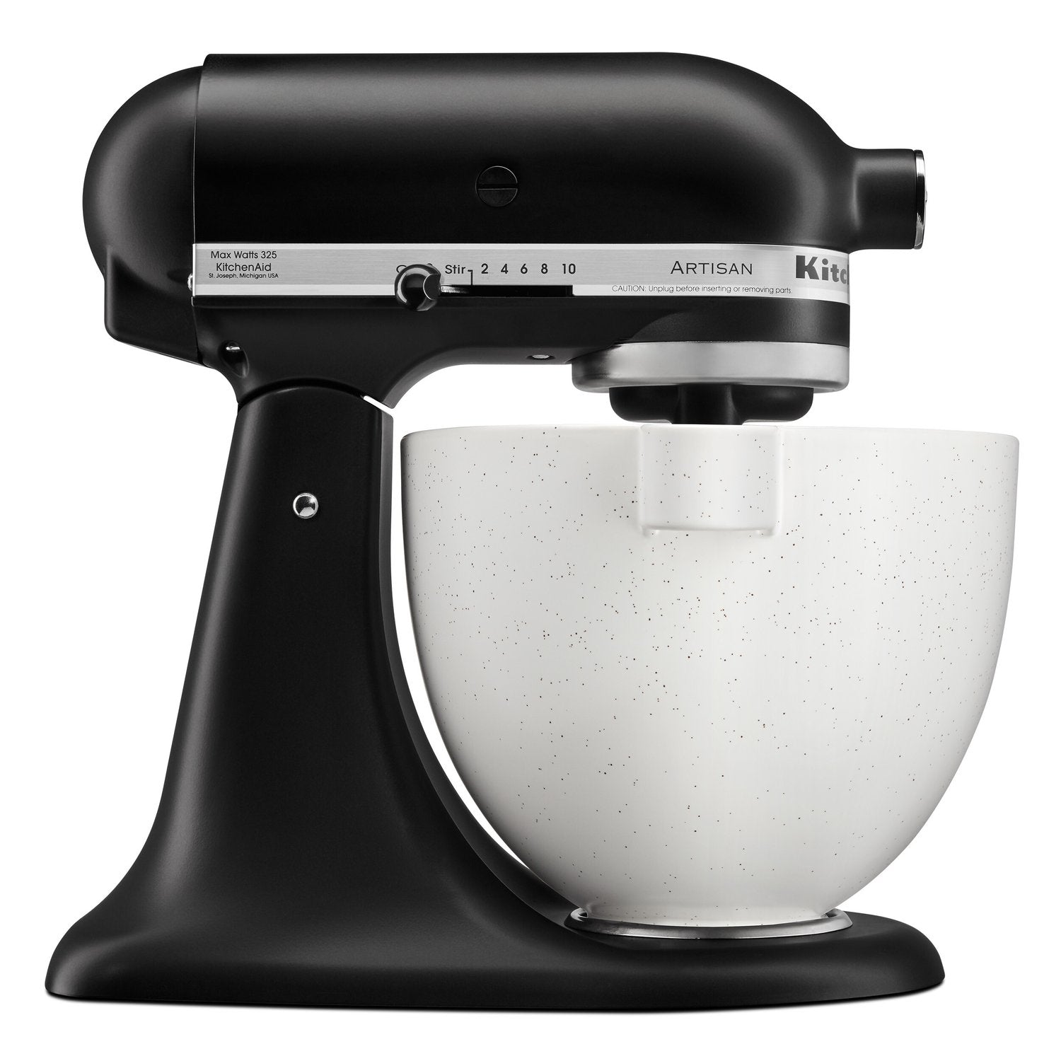 Speckled stone ceramic bowl mounted on KitchenAid stand mixer, white