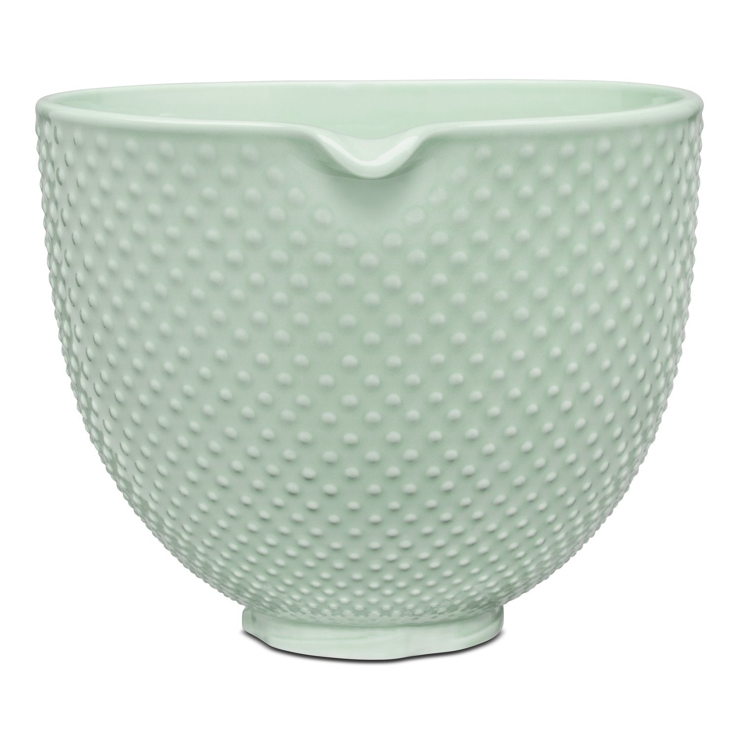 Mint green ceramic mixing bowl with textured surface and scalloped rim