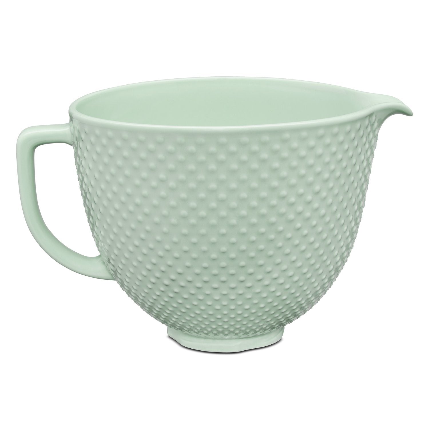 Mint green ceramic mixing bowl with handle and textured exterior