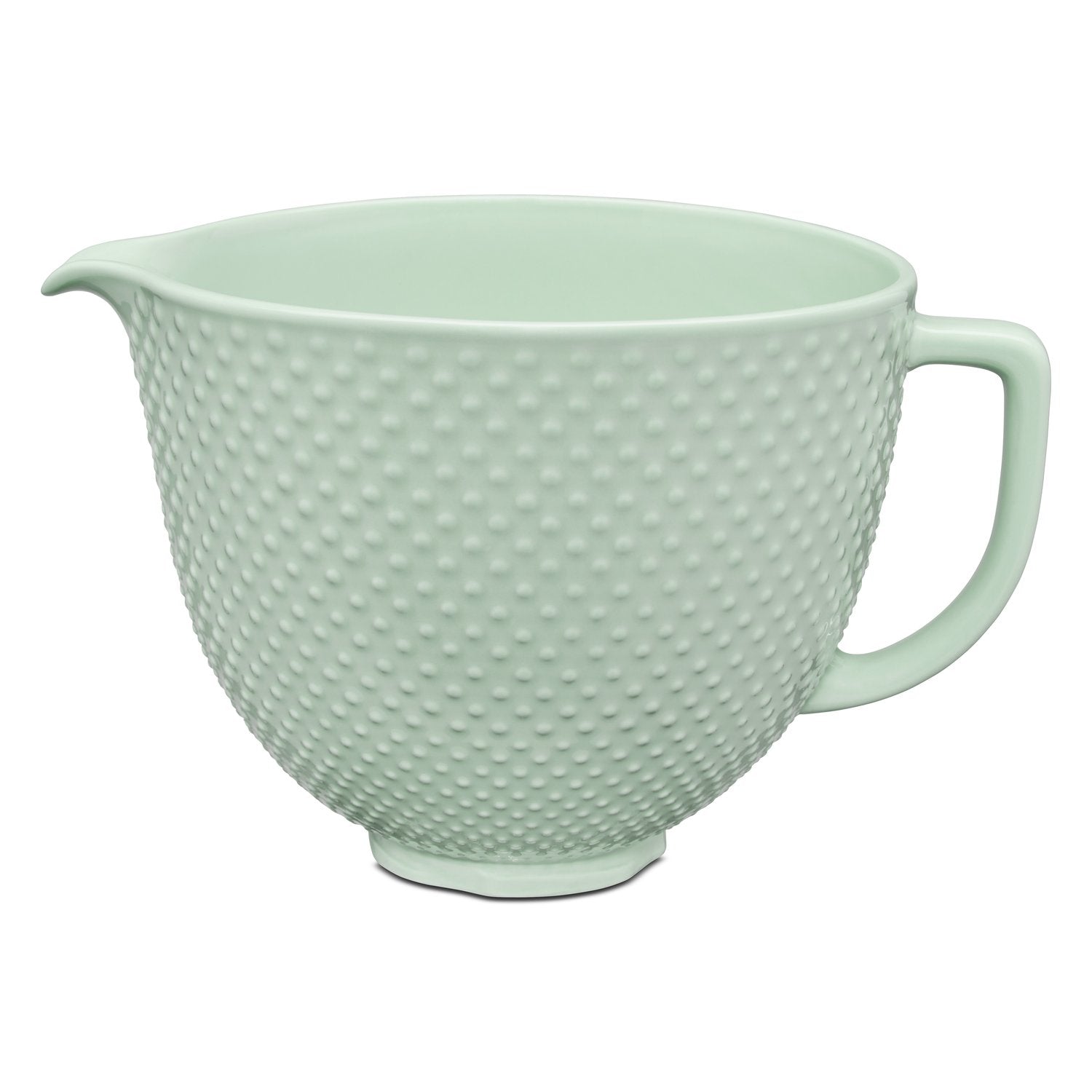 Mint green ceramic mixing bowl with handle, textured finish, and pour spout
