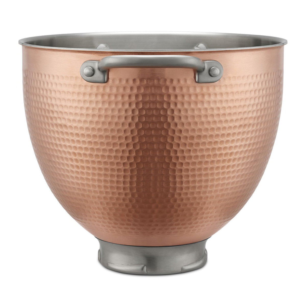 Hammered copper mixing bowl with two side handles and silver rim