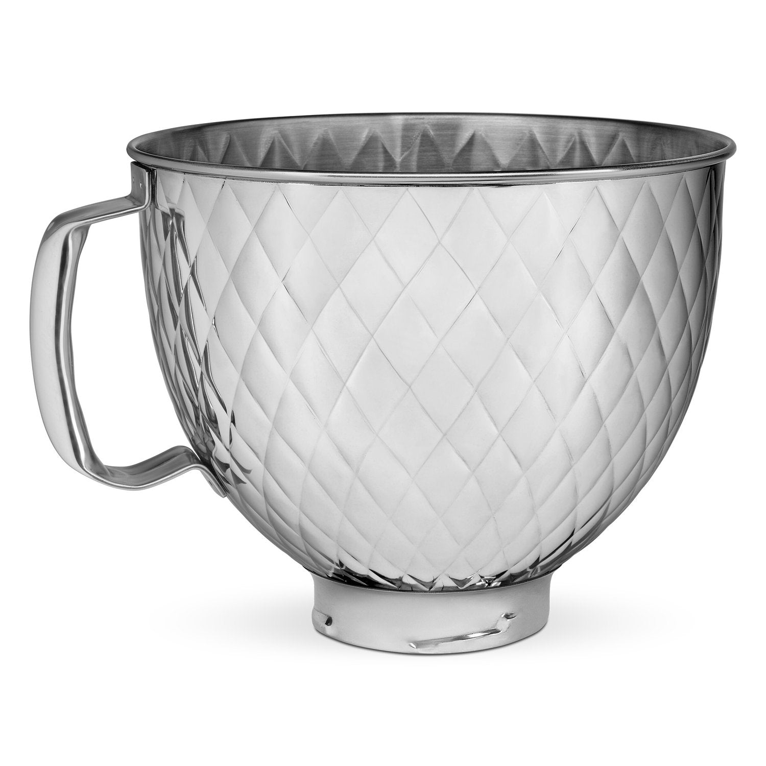 Quilted stainless steel mixing bowl with two side handles and reflective finish