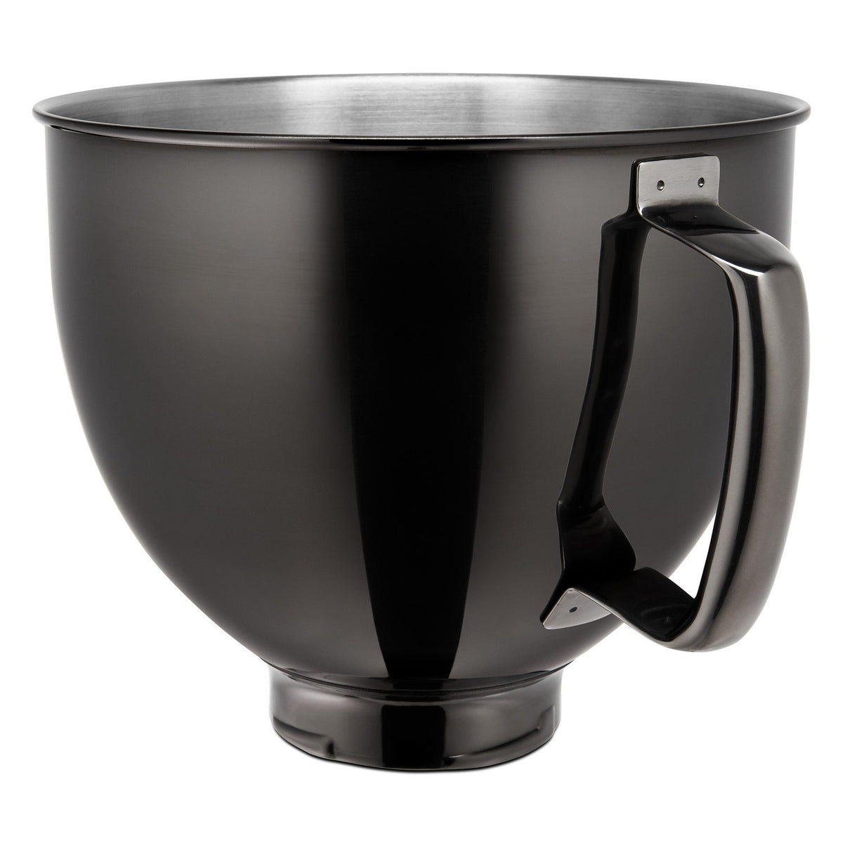 Metallic stainless steel mixing bowl with pouring handle, brushed metallic exterior
