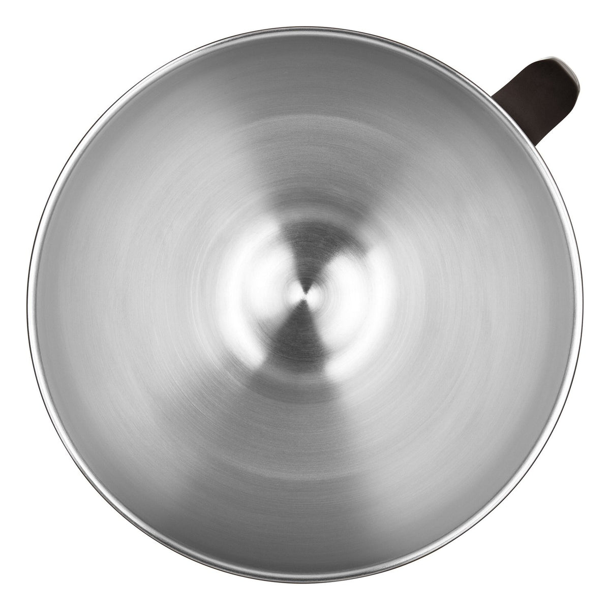 Metallic stainless steel mixing bowl, underside view with brushed metal finish
