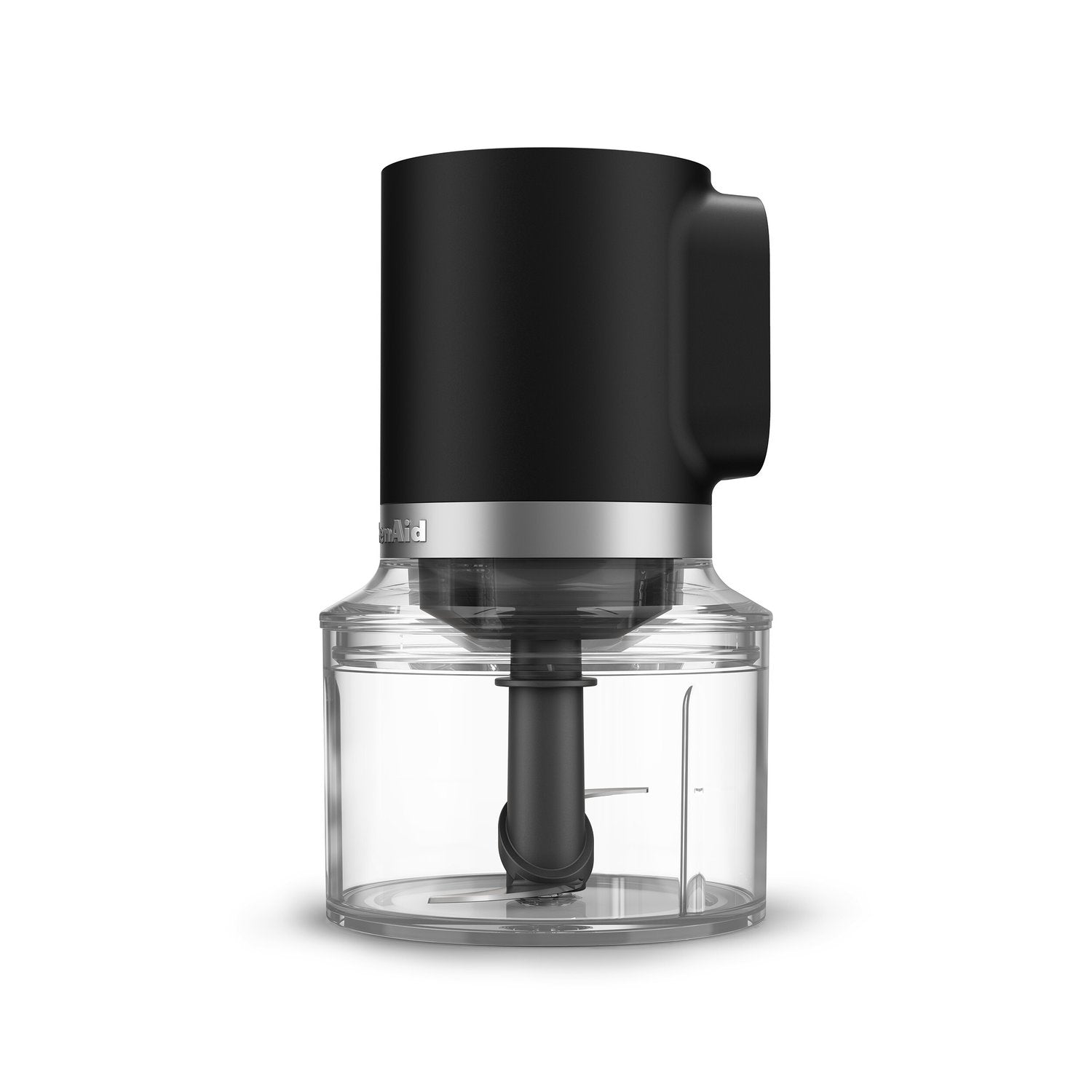 Black matte cordless top-down chopper with clear bowl and central blade stem