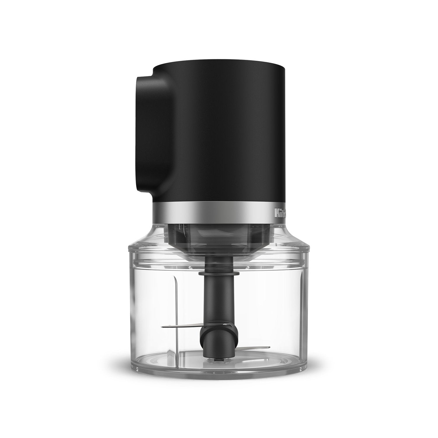 Black matte chopper motor unit on clear bowl with central chopping blade
