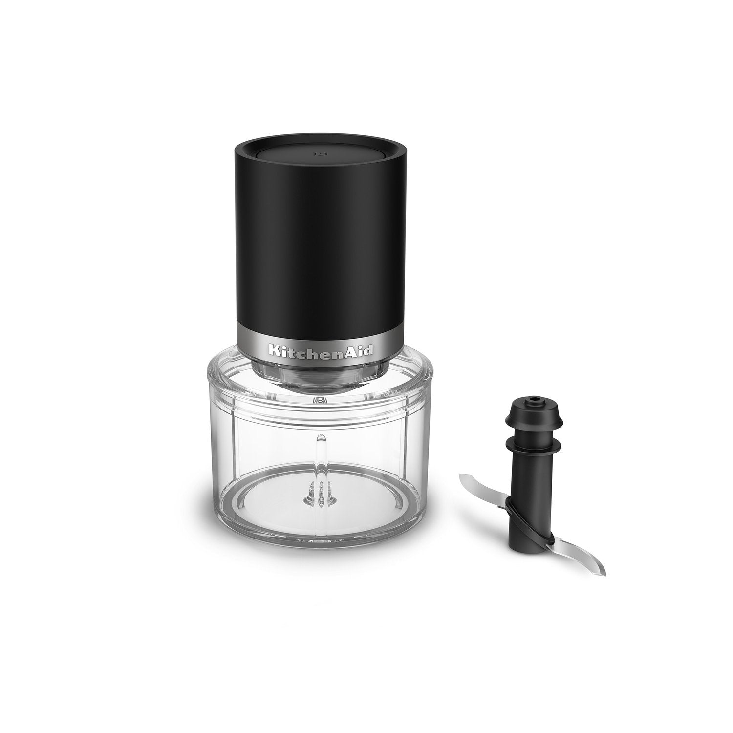 Black matte cordless food chopper with clear 3.5-cup bowl and blade assembly