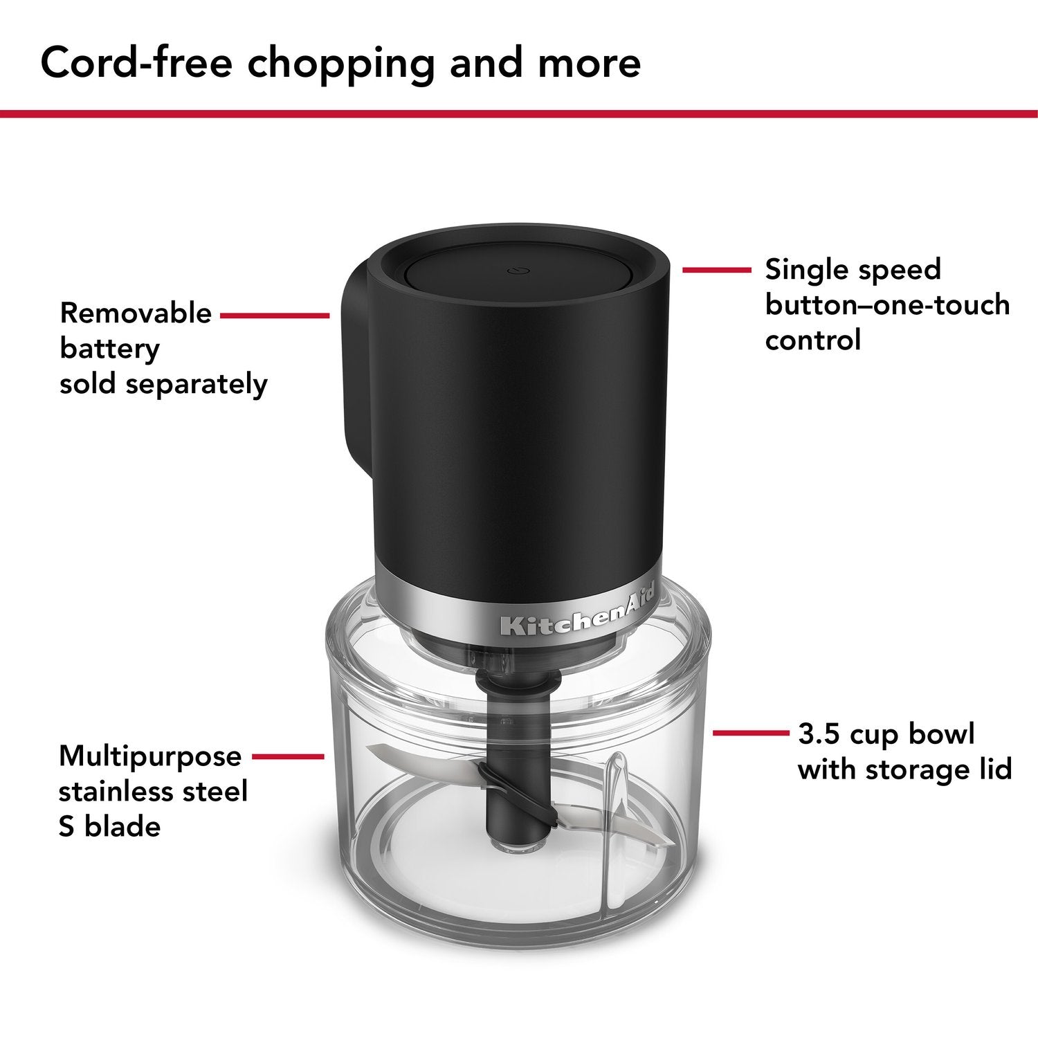 Black matte cordless chopper base on clear 3.5-cup bowl with storage lid