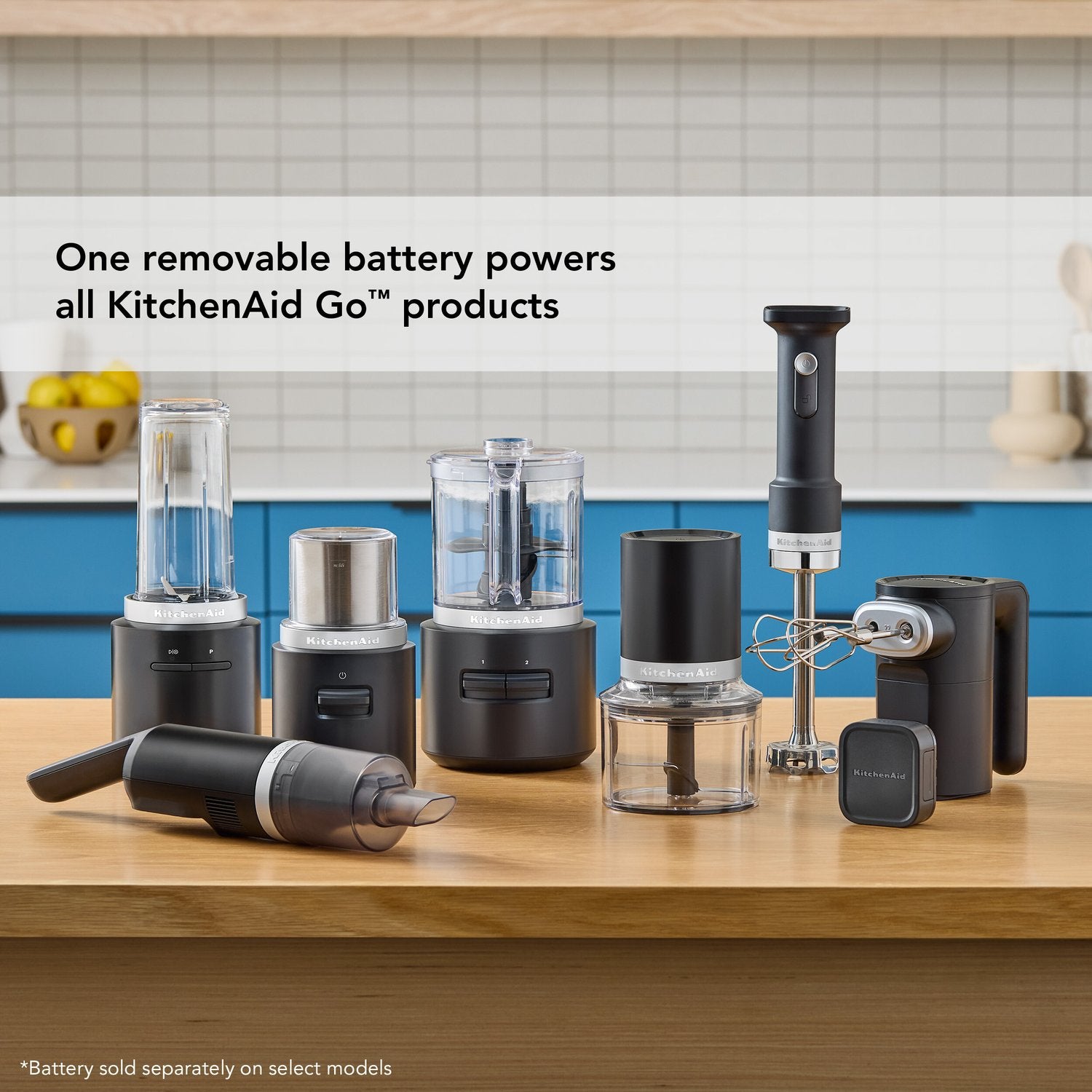 Black cordless chopper lineup on counter with multiple clear bowls