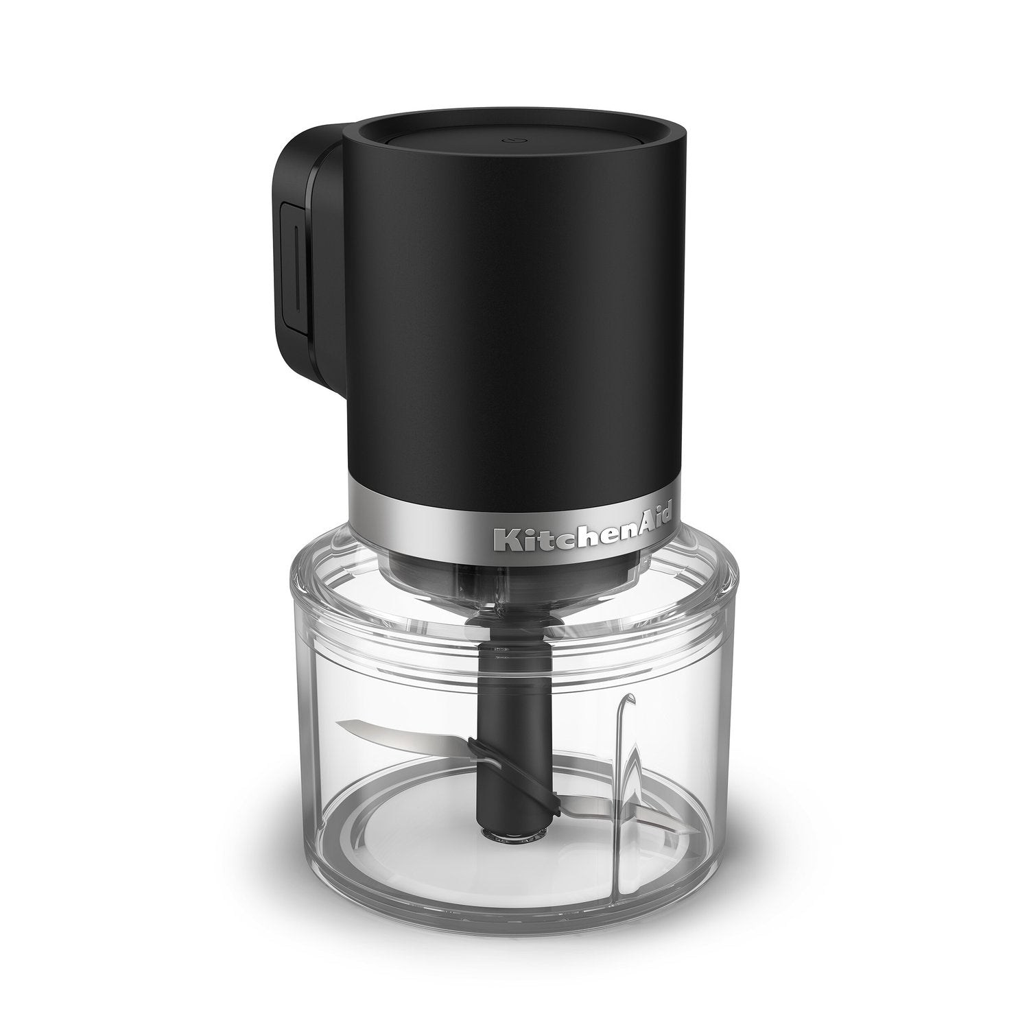 KitchenAid top-down chopper with matte black motor and clear bowl with blade