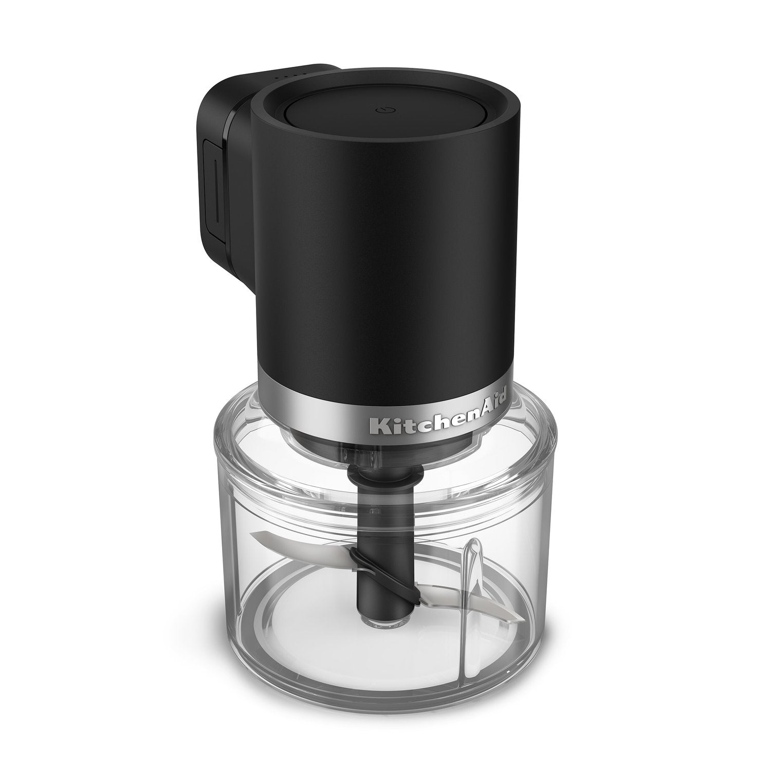 KitchenAid cordless top-down chopper with matte black lid and clear storage bowl