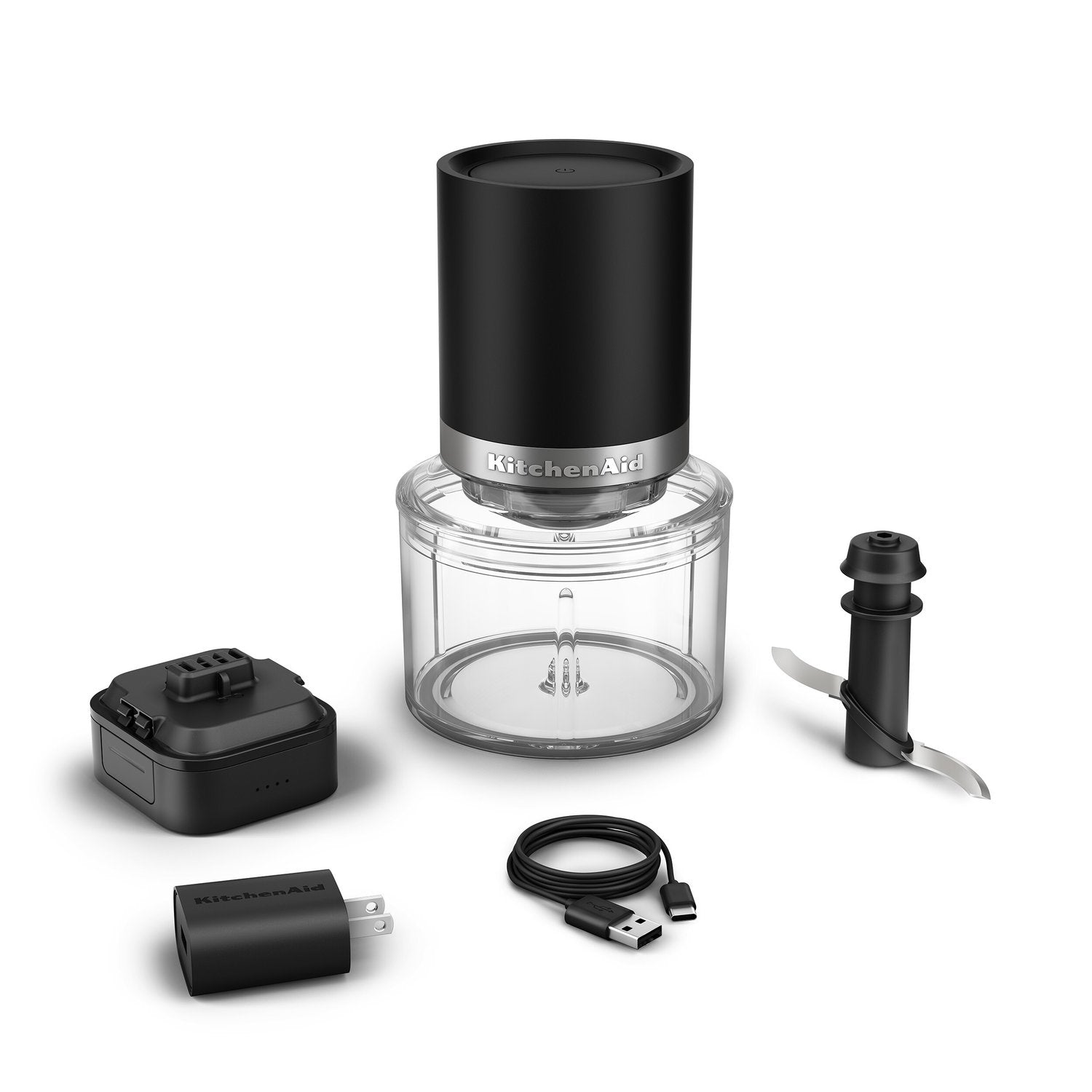 KitchenAid cordless top-down chopper kit with clear bowl, battery, and USB-C cable