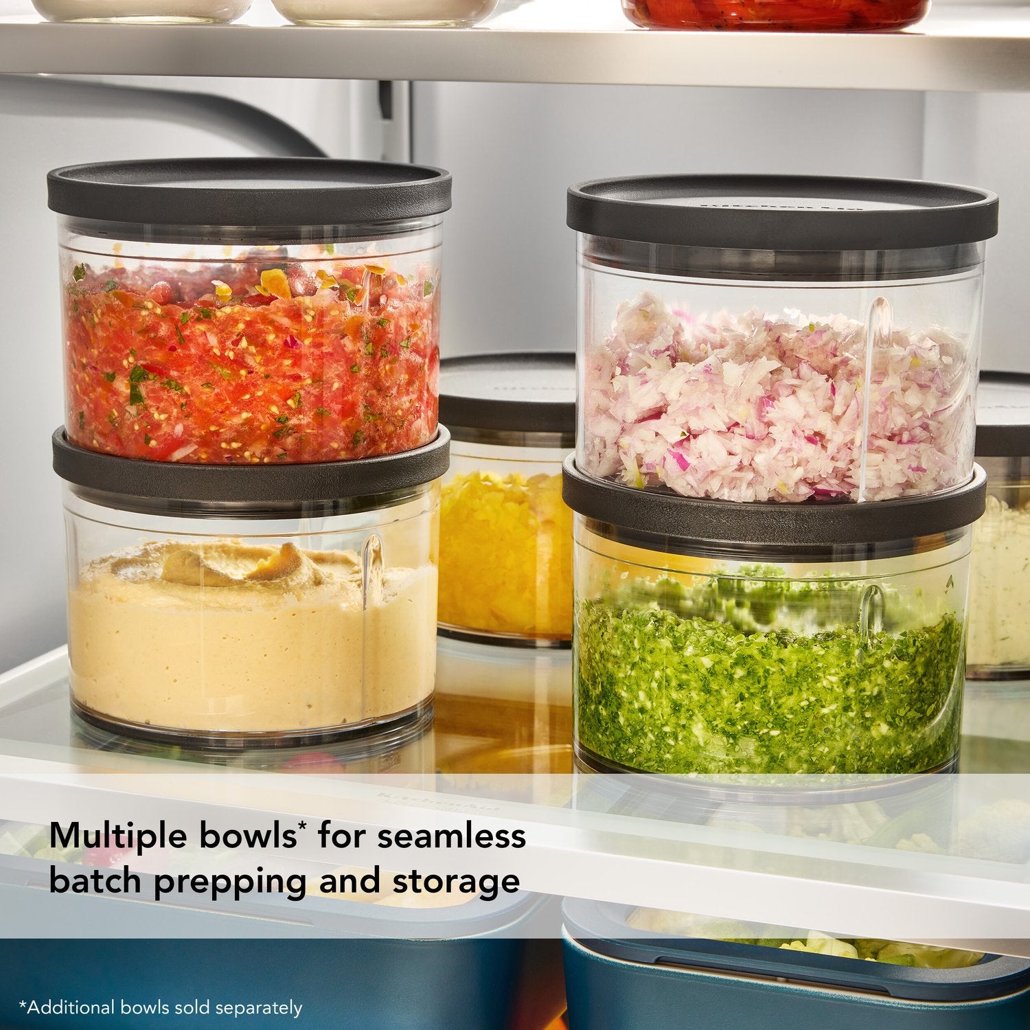 KitchenAid chopper with multiple prep-and-store bowls for chopped ingredients