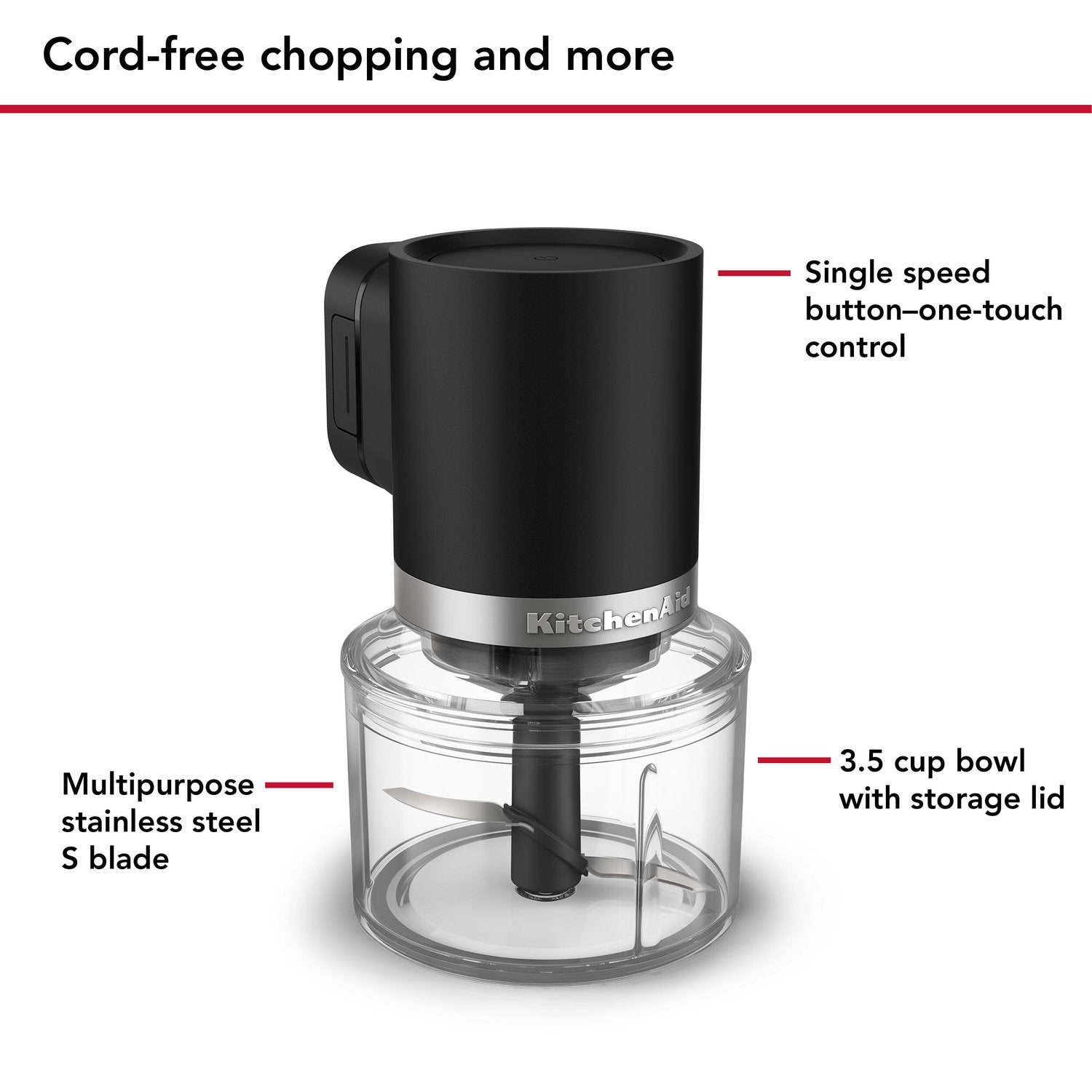 KitchenAid cordless chopper base with 3.5-cup bowl and single-speed button control