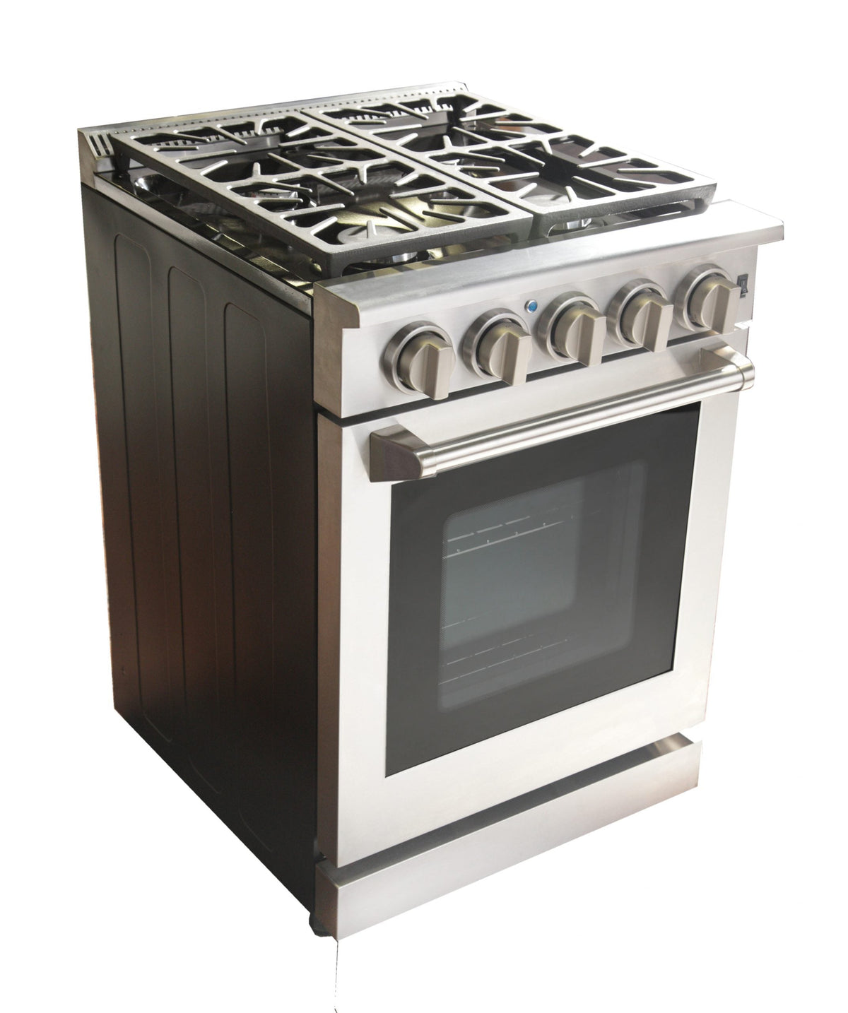 Stainless steel propane gas range with four burner grates and side control knobs