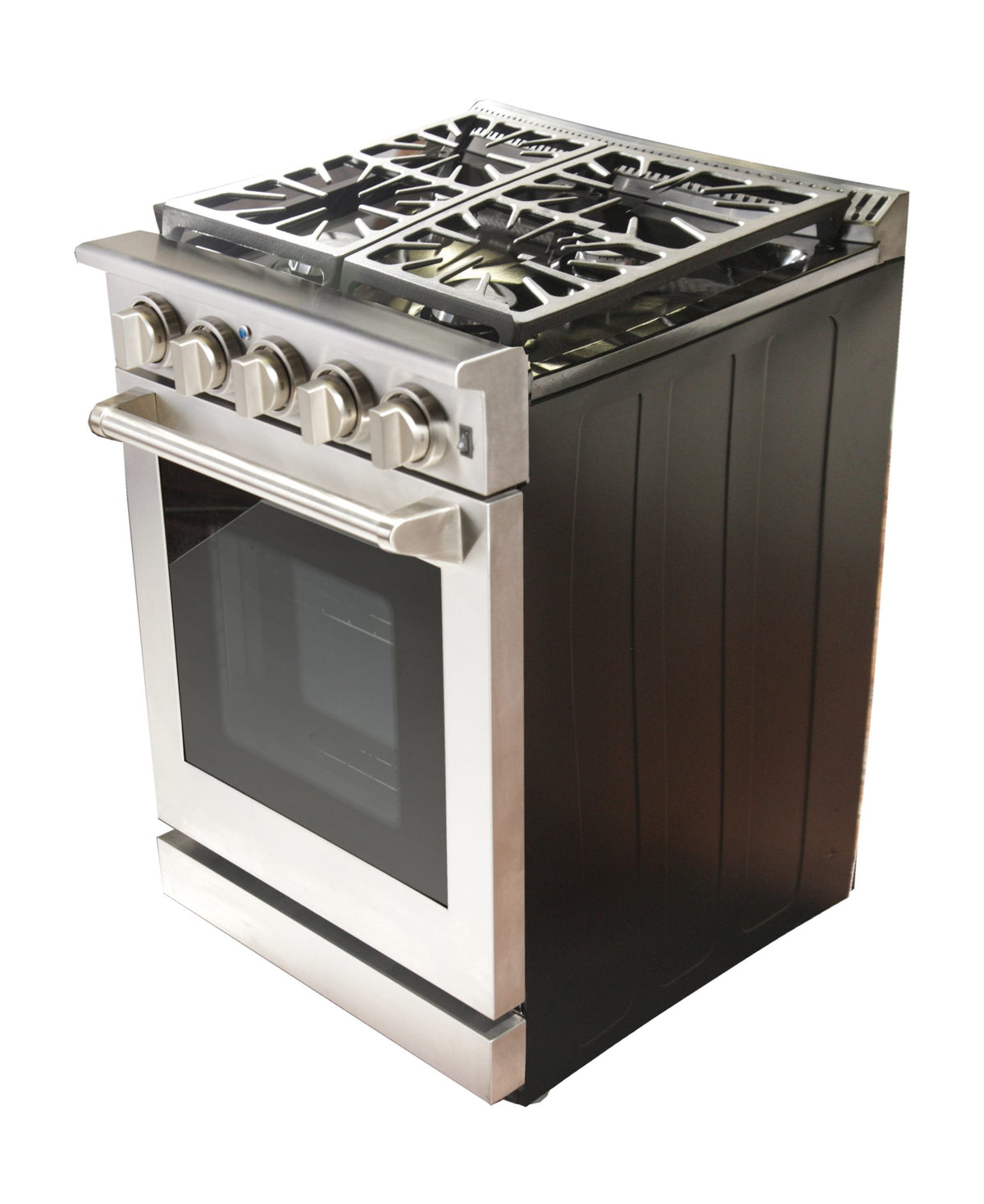 Stainless steel propane gas range with four burners, oven window, and front handle