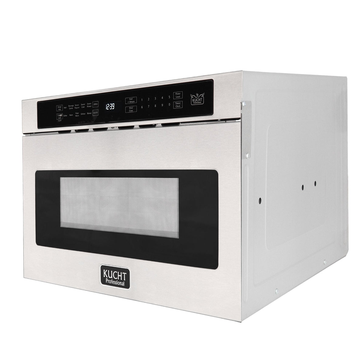 Kucht oven range with side open panel, black control panel, and black glass door