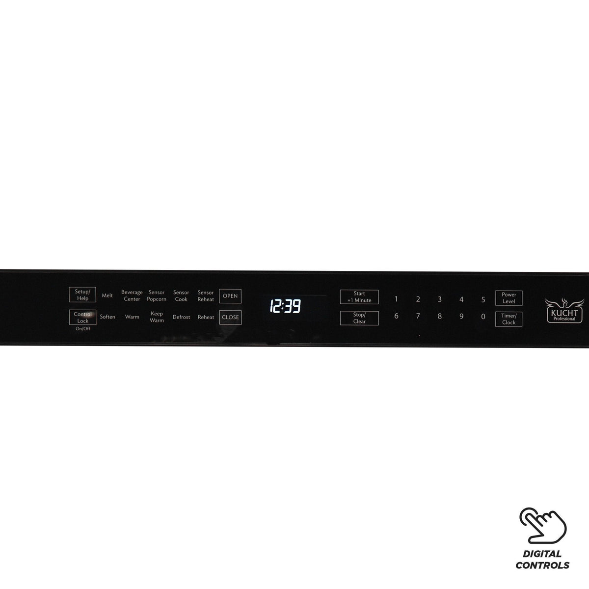 Range control panel with digital time display and Kucht logo