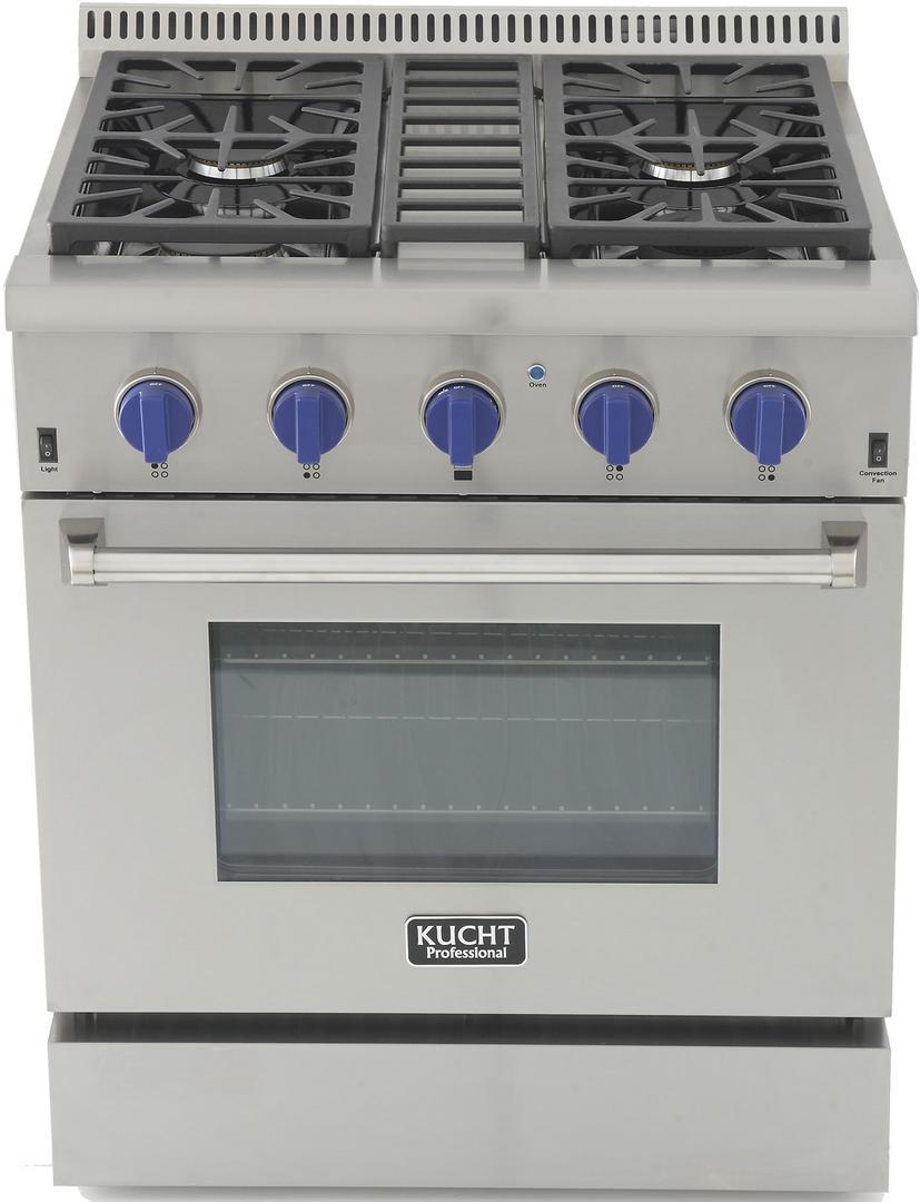 Stainless steel gas range front view with four burners and convection oven door