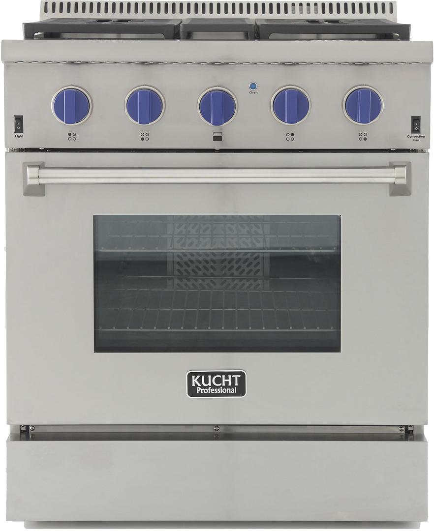 Stainless steel gas convection oven front with blue burner knobs and glass oven window