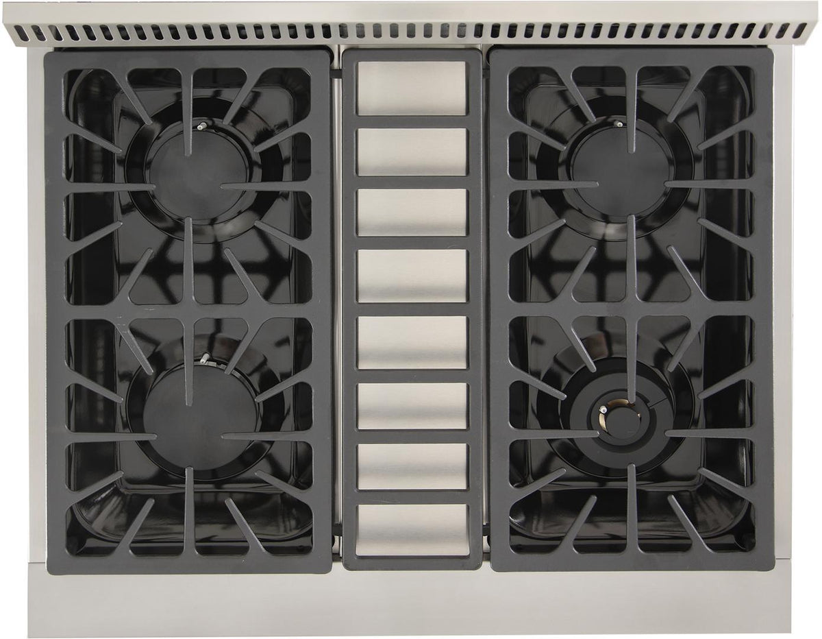 Stainless steel cooktop with four black burner grates and center control panel