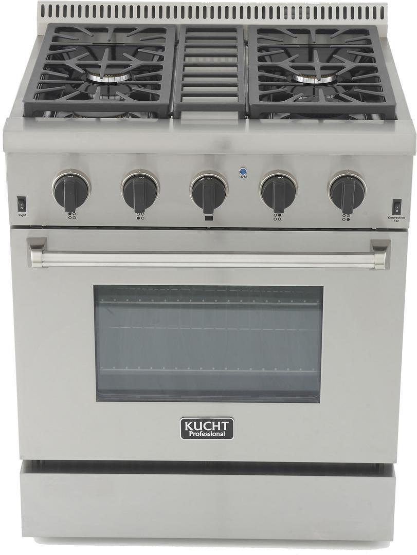 Stainless steel gas range with two burners exposed and glass convection oven door