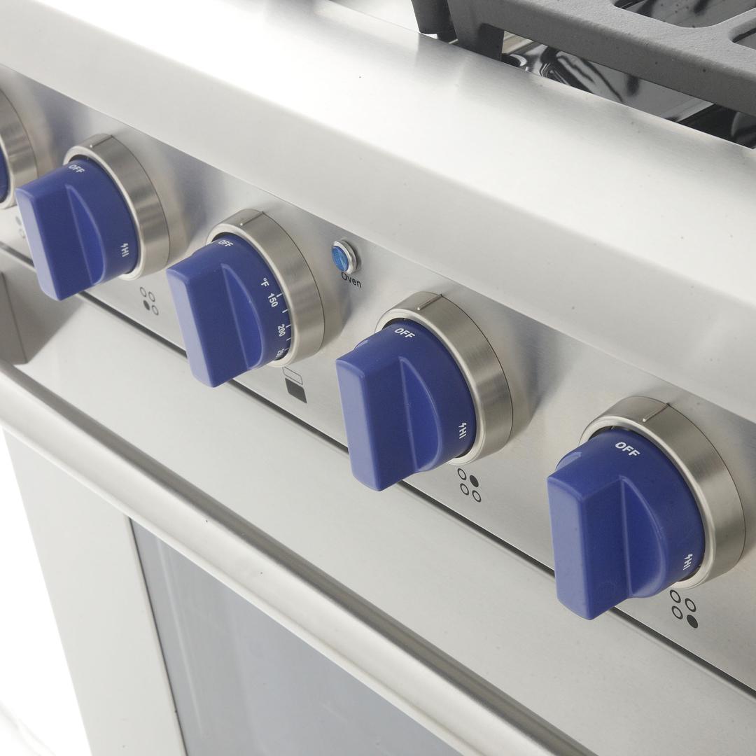 Stainless steel gas range control knobs with blue settings