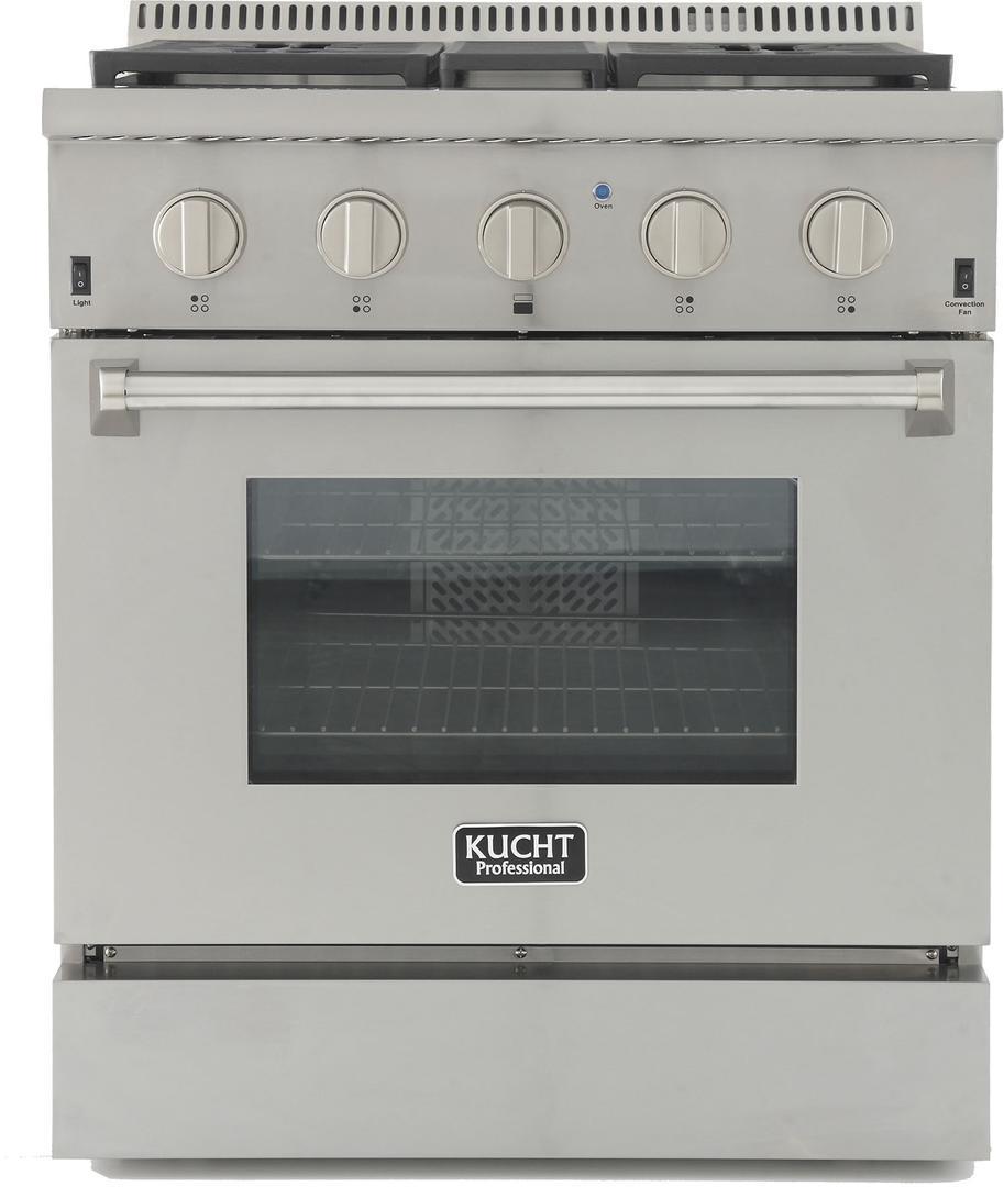 Stainless steel 30-inch propane gas range with convection oven window and control knobs