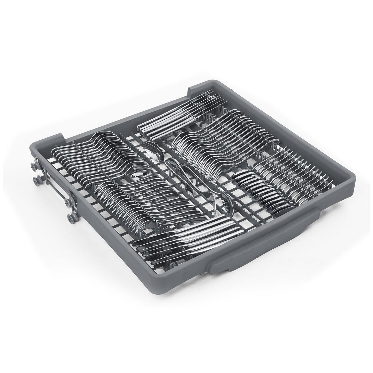 Dishwasher utensil basket with black rack and silverware wire supports