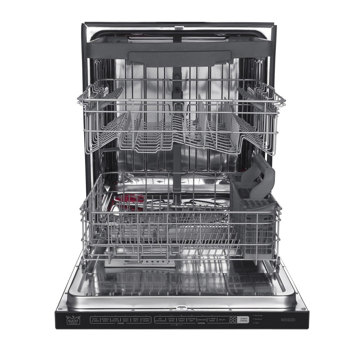 Dishwasher door open with wire racks and spray arms visible