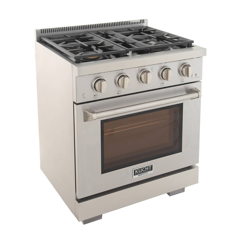 Kucht 5-Piece Appliance Package - 30-Inch Propane Gas Range, 36-Inch Panel Ready Refrigerator, Wall Mount Hood, Panel Ready Dishwasher, & Microwave Oven (APKPR5-KFX300/LP-S-10A-MWO)