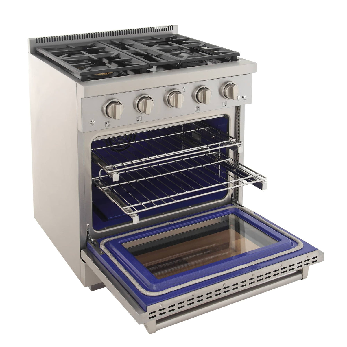 Oven cavity inside Kucht propane gas range with blue liner and wire racks