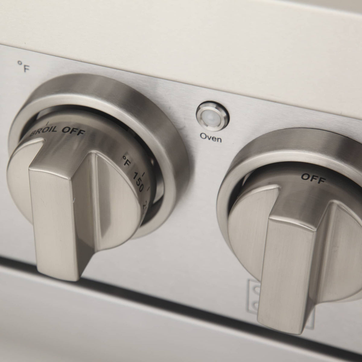 Gas range control knobs for Oven with temperature markings on stainless face