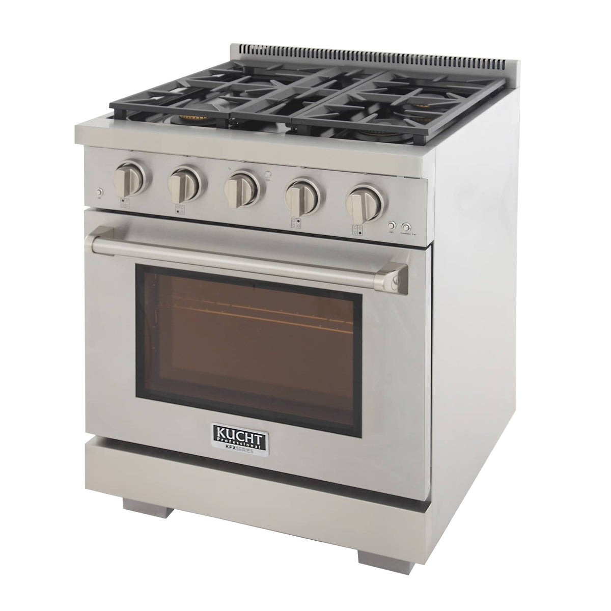 Kucht propane gas range with 4-burner cooktop, oven handle, and glass window