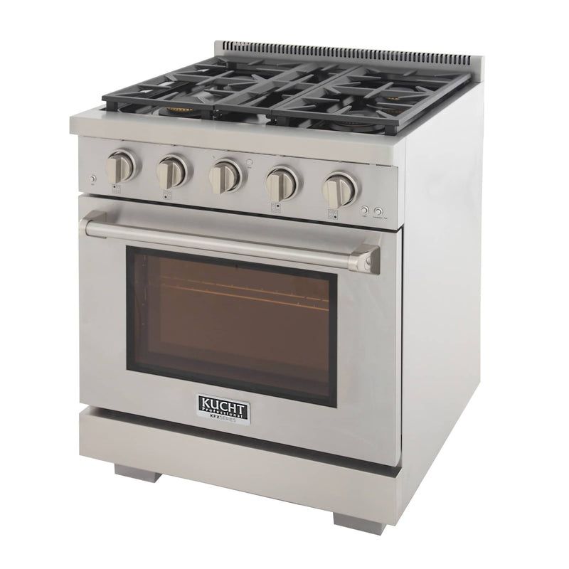 Kucht 5-Piece Appliance Package - 30-Inch Propane Gas Range, 36-Inch Panel Ready Refrigerator, Wall Mount Hood, Panel Ready Dishwasher, & Microwave Oven (APKPR5-KFX300/LP-S-10A-MWO)