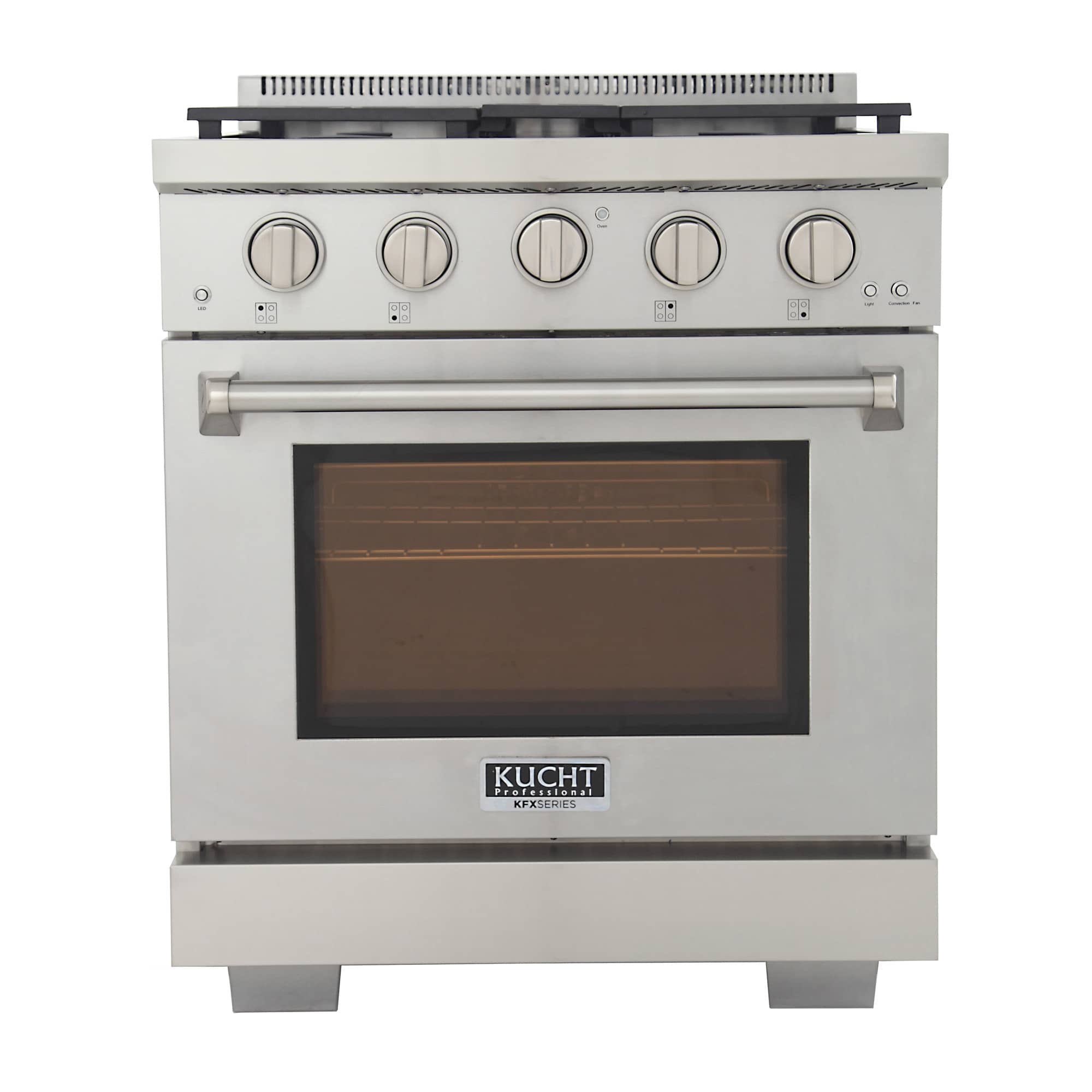Kucht propane gas range front with 4 burners, control knobs, and oven window