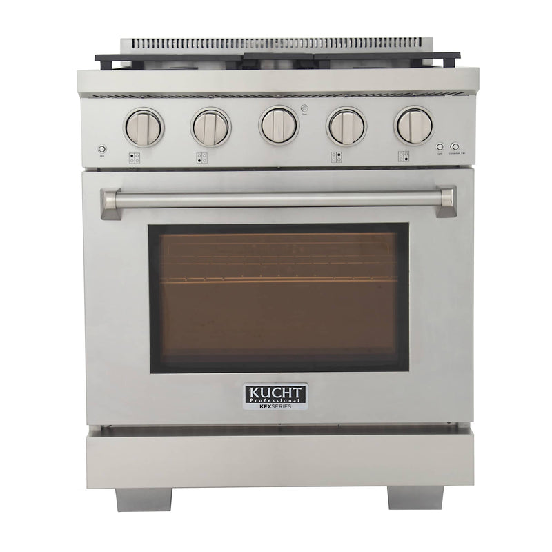 Kucht 5-Piece Appliance Package - 30-Inch Propane Gas Range, 36-Inch Panel Ready Refrigerator, Wall Mount Hood, Panel Ready Dishwasher, & Microwave Drawer (APKPR5-KFX300/LP-S-10A-MWD)