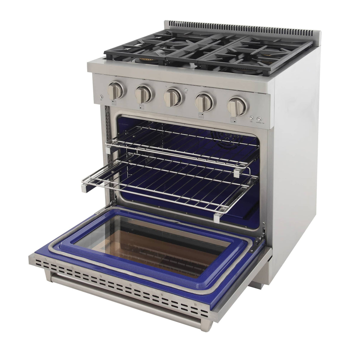 Kucht propane gas range with open oven and blue enamel oven base