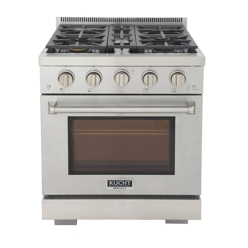 Kucht 5-Piece Appliance Package - 30-Inch Propane Gas Range, 36-Inch Panel Ready Refrigerator, Wall Mount Hood, Panel Ready Dishwasher, & Microwave Oven (APKPR5-KFX300/LP-S-10A-MWO)