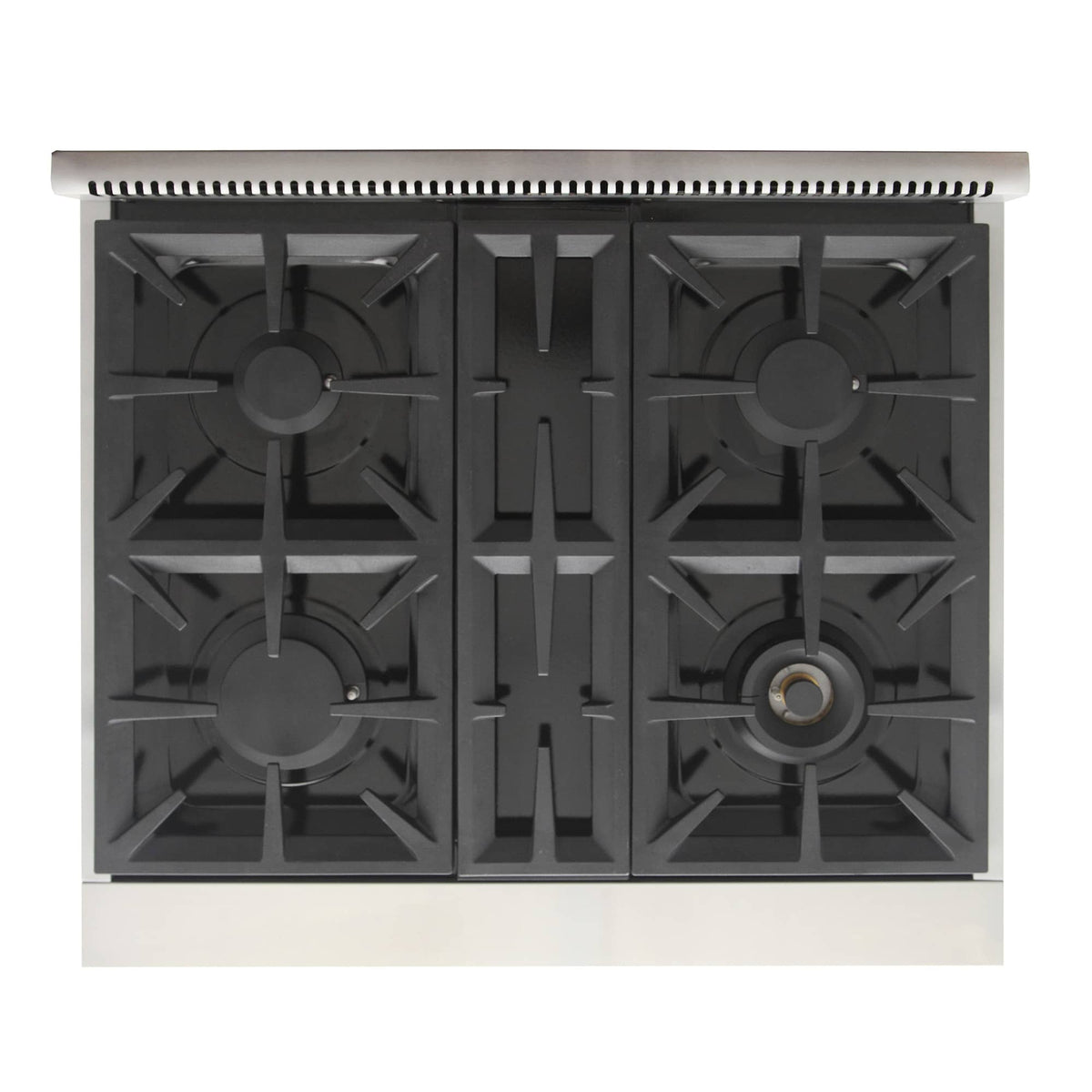 Black cast-iron grates and burner caps on Kucht propane gas range cooktop
