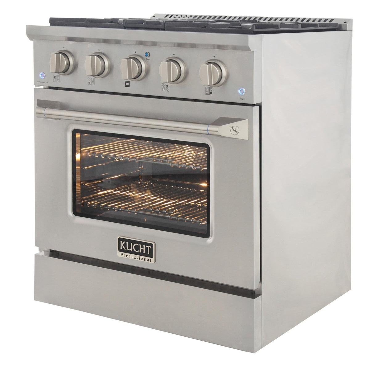 Stainless steel convection oven door with window showing lit heating elements