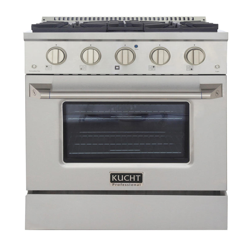 Kucht 5-Piece Appliance Package - 30-Inch Propane Gas Range, 36-Inch Panel Ready Refrigerator, Wall Mount Hood, Panel Ready Dishwasher, & Microwave Oven (APKPR5-KNG301/LP-S-10A-MWO)