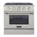 Kucht 5-Piece Appliance Package - 30-Inch Propane Gas Range with 4.2 Cu. Ft. Oven, 36-Inch Refrigerator with Water Dispenser, Dishwasher, Wall Mount Range Hood & Microwave Drawer in Stainless Steel