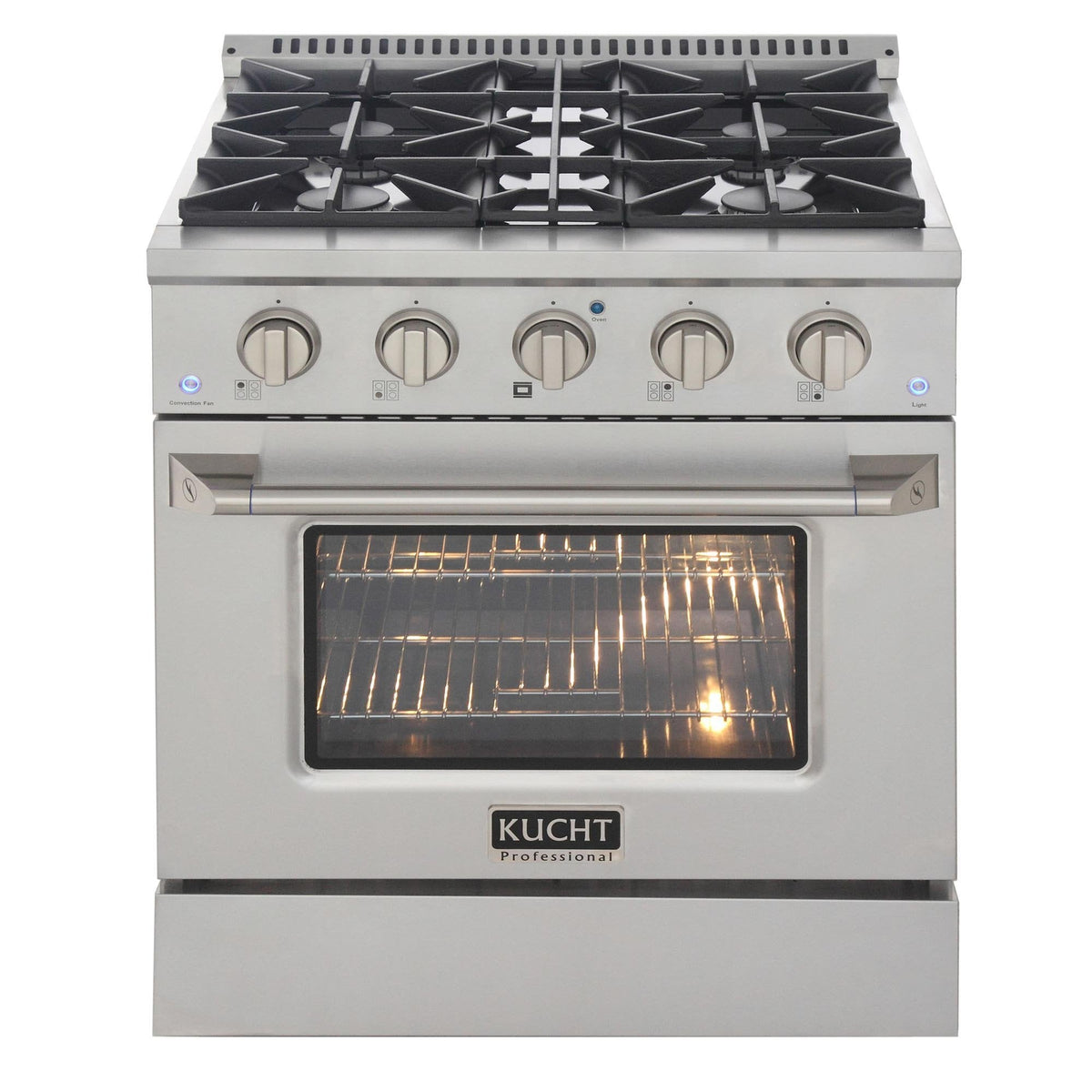Stainless gas range with open oven and five burner cooktop