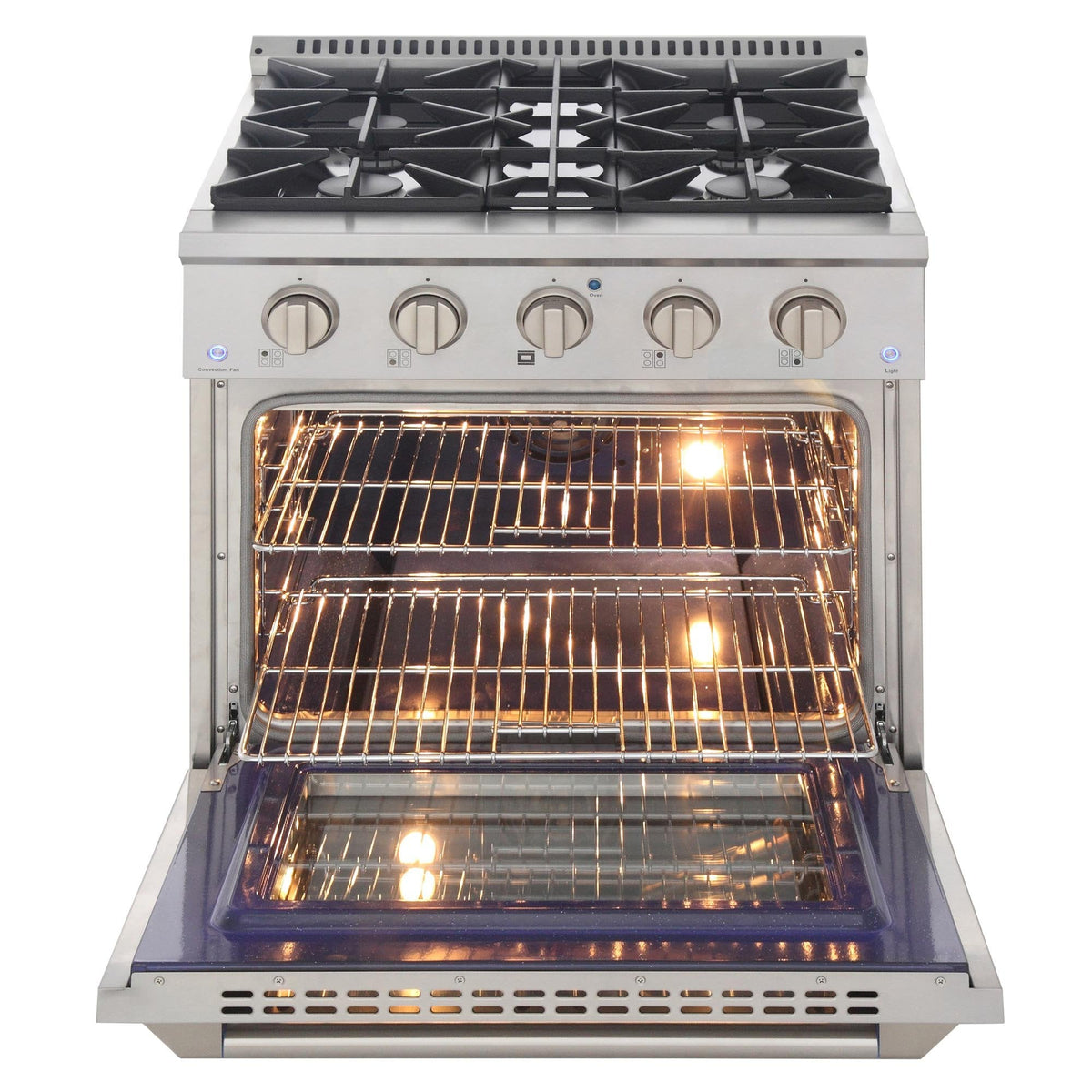 Lit convection oven with wire racks and front burner grates, front view