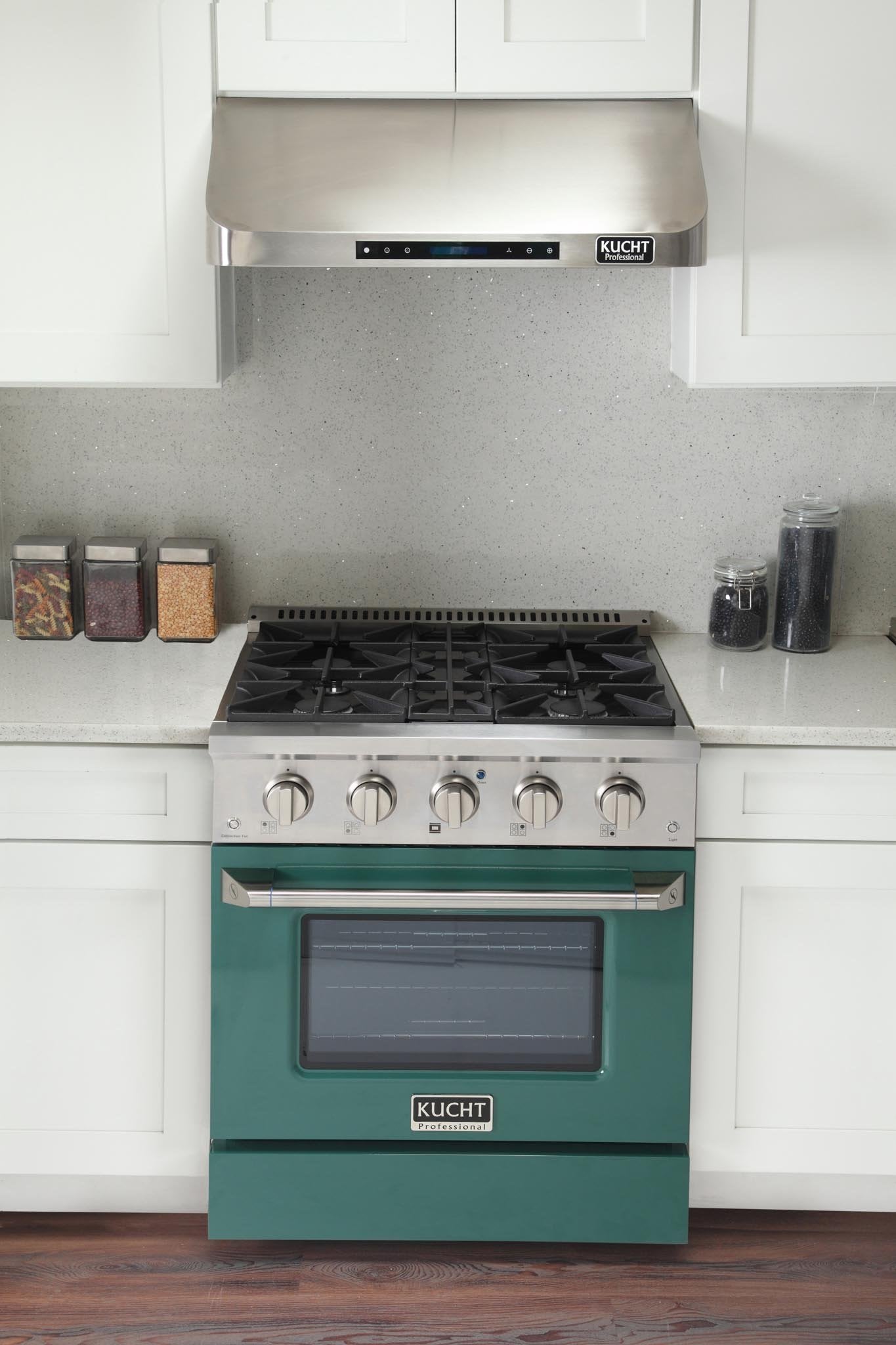 Green gas range with open oven door and black sealed burners, front control knobs