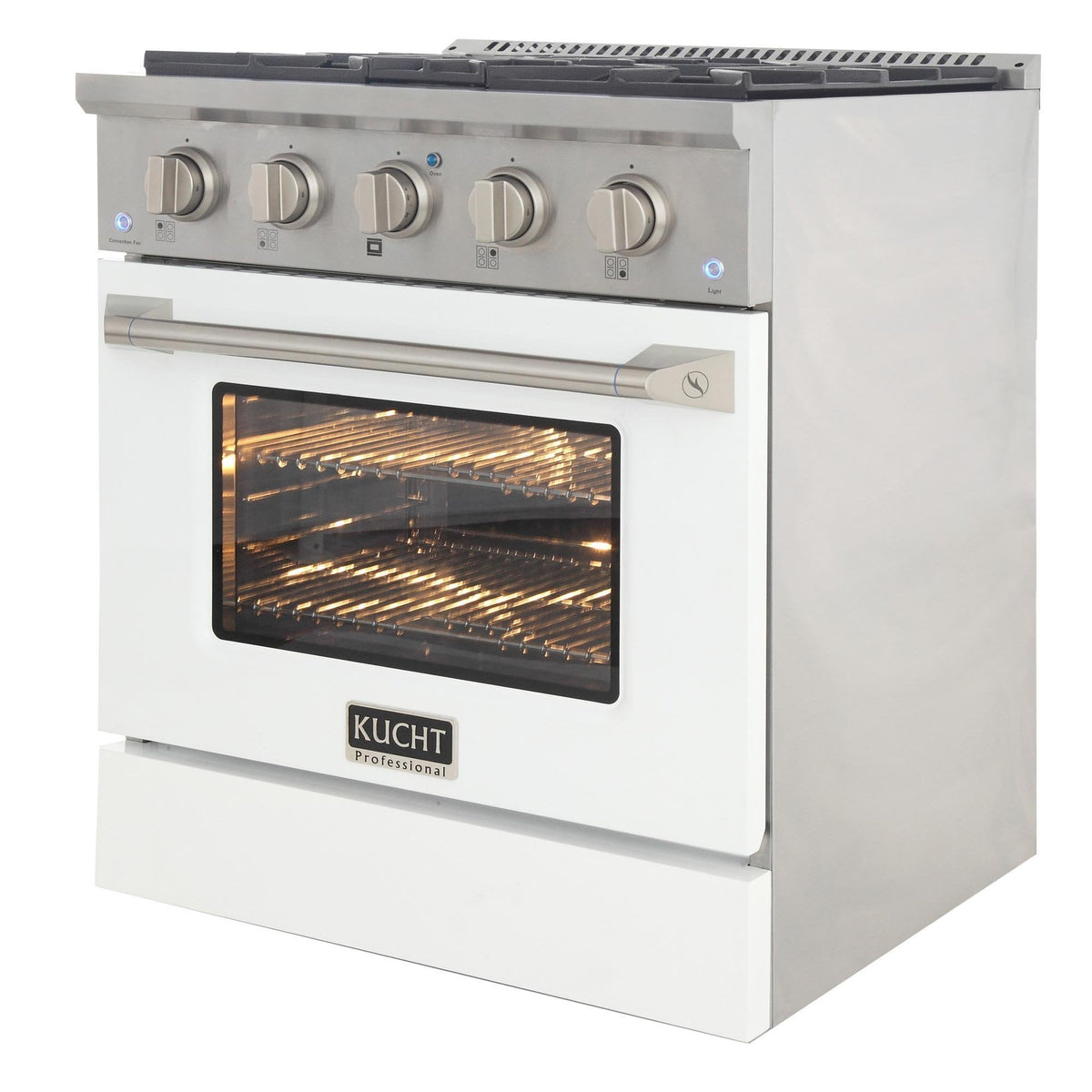 White Kucht convection oven range with control knobs and oven window, angled view