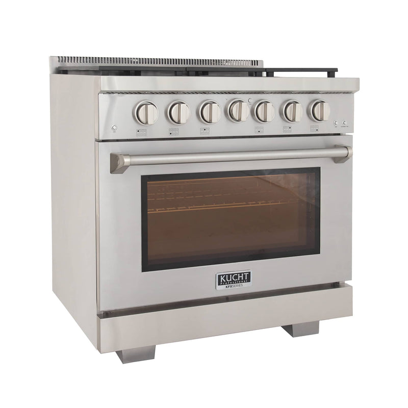 Kucht 5-Piece Appliance Package - 36-Inch Propane Gas Range, Refrigerator, Wall Mount Hood, Dishwasher, & Microwave Drawer in Stainless Steel (APK5-KFX360/LP-S-10A-MWD)