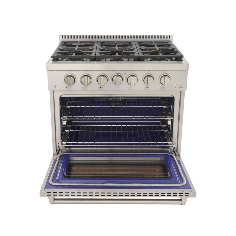 Kucht 5-Piece Appliance Package - 36-Inch Propane Gas Range, Refrigerator, Wall Mount Hood, Dishwasher, & Microwave Drawer in Stainless Steel (APK5-KFX360/LP-S-10A-MWD)