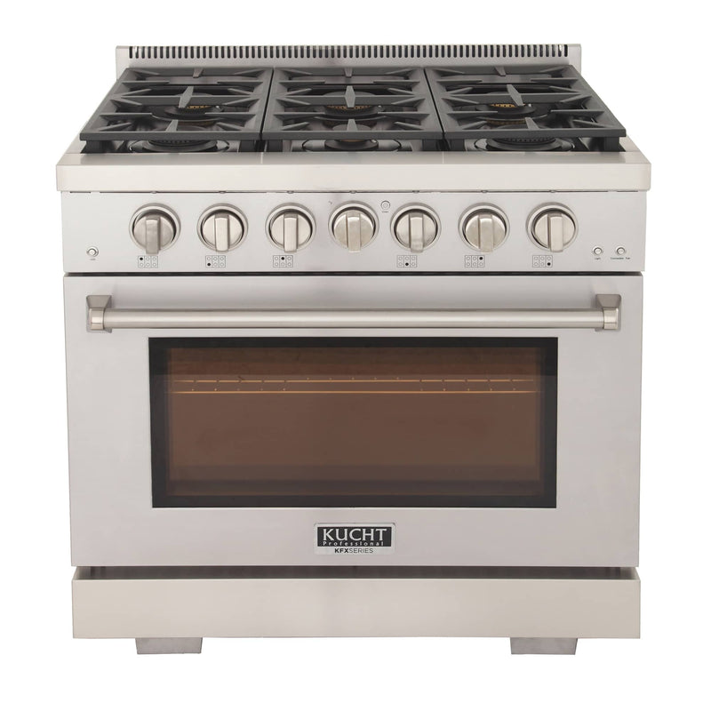 Kucht 5-Piece Appliance Package - 36-Inch Propane Gas Range, Refrigerator, Wall Mount Hood, Dishwasher, & Microwave Drawer in Stainless Steel (APK5-KFX360/LP-S-10A-MWD)